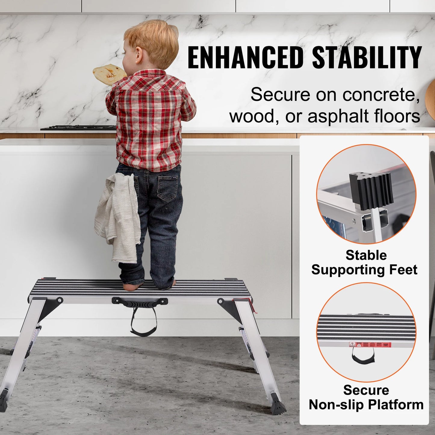 VEVOR Folding Work Platform 660 lbs Load Capacity Aluminum Drywall Stool Ladder Bench w/ Non-Slip Feet for Washing Vehicles