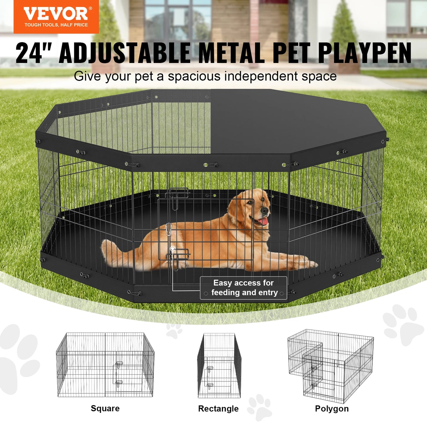 VEVOR Dog Playpen 8 Panels Foldable Metal with Top Cover and Bottom Pad 24" H Dog Pen for Small Medium Pets for Camping Yard