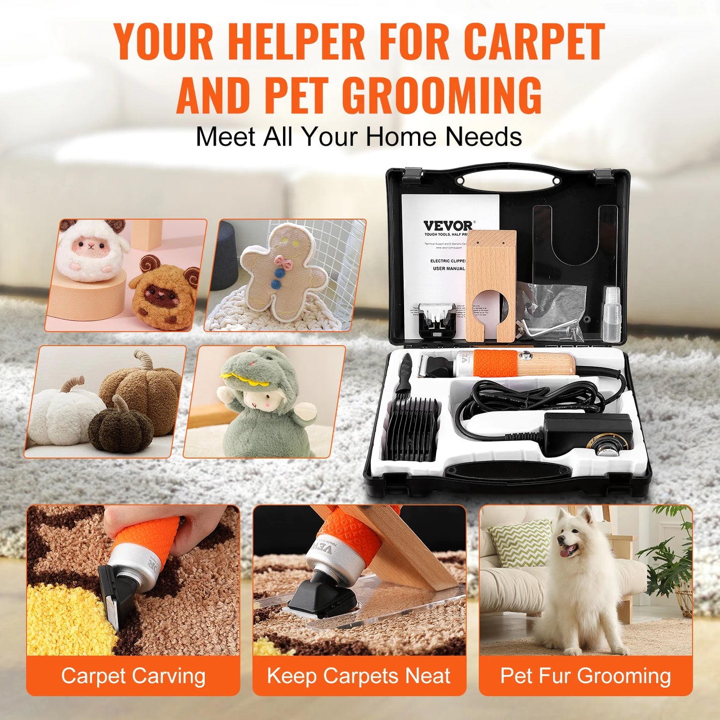 VEVOR 200W 1500-6100RPM Carpet Trimmer with Shearing Guide Electric Speed Adjustable Rug Carver Tufting Shears with 2 Blades