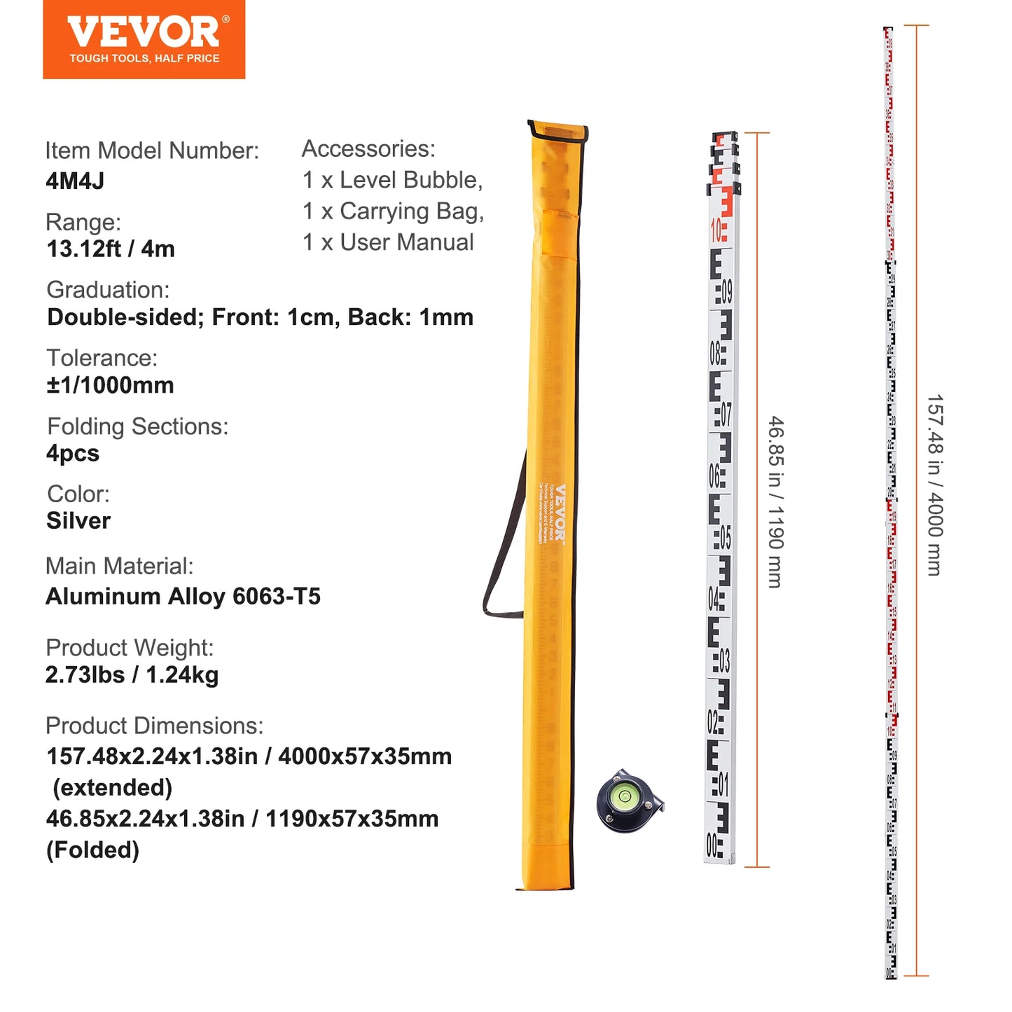 VEVOR Aluminum Grade Rod 4M Metric Telescopic Measuring Rod Double-Sided Scale in CM/MM Leveling Rod Stick Aluminum Alloy Survey