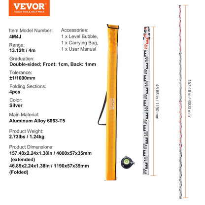 VEVOR Aluminum Grade Rod 4M Metric Telescopic Measuring Rod Double-Sided Scale in CM/MM Leveling Rod Stick Aluminum Alloy Survey