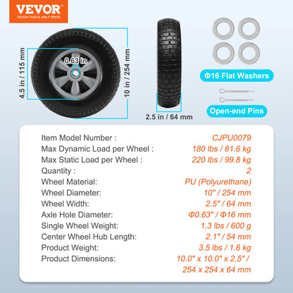 VEVOR 2-Pack Solid PU Run-Flat Tire Wheel 10" Flat Free Tubeless Tires and Wheels for Dollies Garden Trailers Various Carts