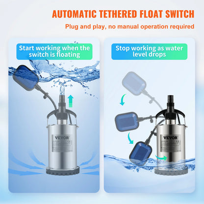 VEVOR Submersible Water Pump 9500L/H w/ 10 m Cord and Automatic Tethered Float Switch for Clean Empty Flooded Area Swimming Pool