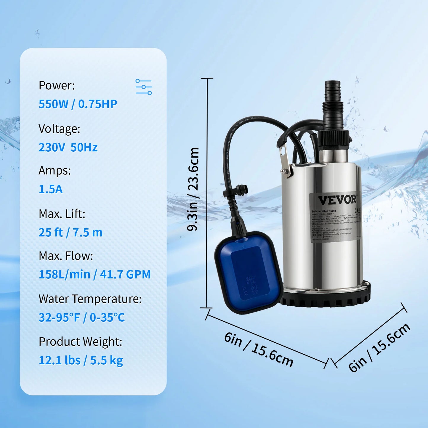 VEVOR Sewage Pump Submersible Sump Pump Clean Water Pump 550W - 2200W for Pumping Water from Swimming Pools, Basements, Hot Tubs