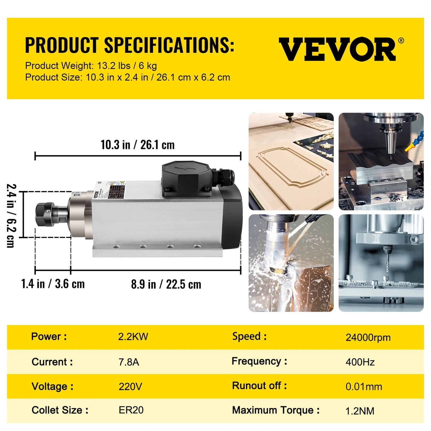VEVOR Air Cooled Spindle Motor 0.8KW/1.5KW/2.2KW/3KW/ 4KW ER11/ER20/ER25 Collect for CNC Router Engraving Milling Machine Use