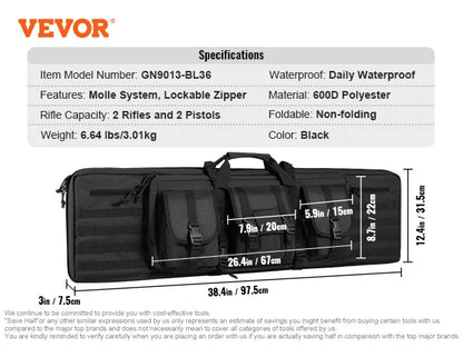 VEVOR Rifle Bag 36/42 inch Tactical Double Long Gun Bag Soft Rifle Case with Lockable Zipper for Two 34"/40" Rifles & 2 Pistols