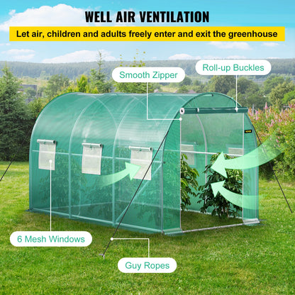 VEVOR 12 x 7 x 7 ft Walk-in Tunnel Greenhouse Portable Plant Hot House with Galvanized Steel Hoops 1 Top Beams 2 Diagonal Poles