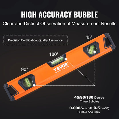 VEVOR Magnetic Torpedo Level 48/24/16/10 in Mechanical Level Set Bubble Vials Ruler for 45/90/180 Degree Aluminum Alloy Leveler