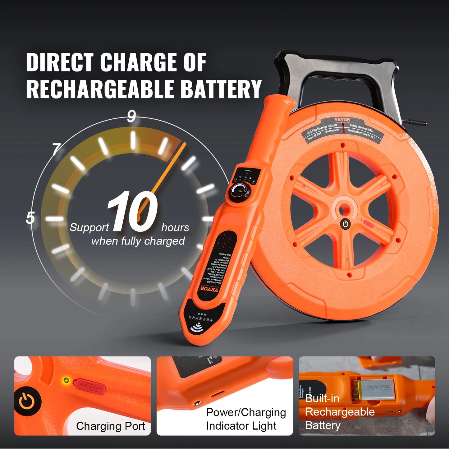 VEVOR Pipe Locators 30m Underground P67 Waterproof Pipe Blockage Detector Sewer Wall Scanner Plumbing Tool for PVC Plastic Metal