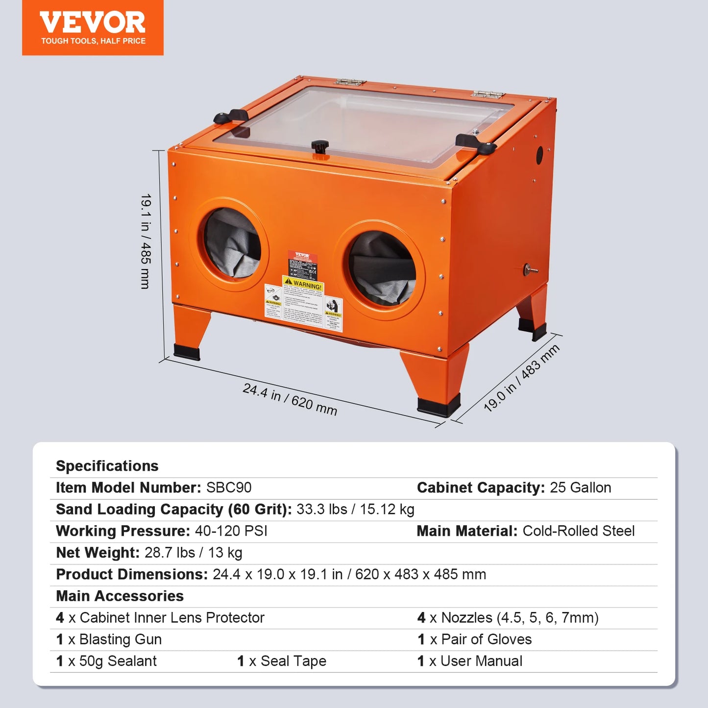 VEVOR 25/40/60 Gallon Sandblasting Cabinet Portable Benchtop Sand Blaster with Blasting Gun Nozzles for Paint Stain Rust Removal