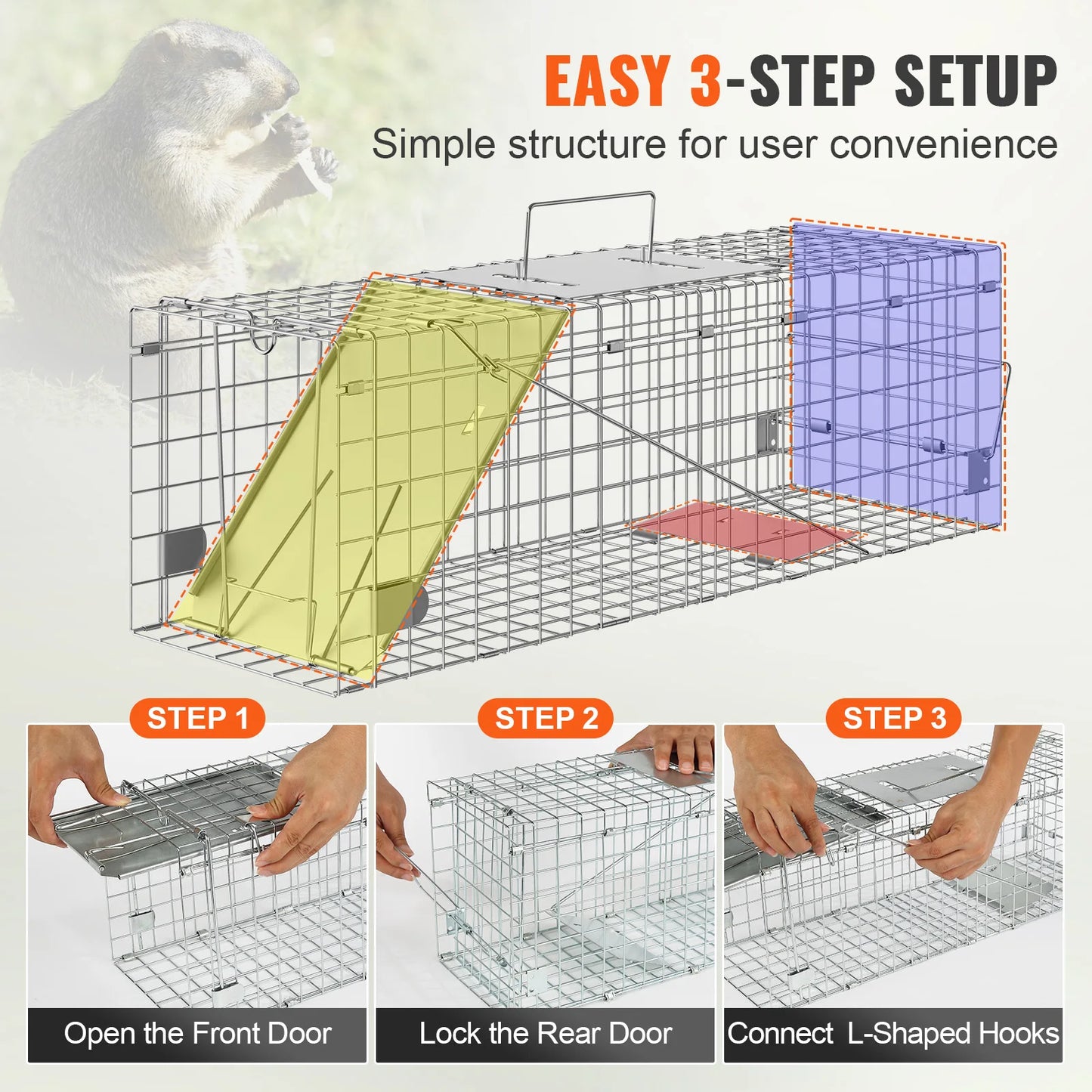 VEVOR Live Animal Cage Trap Humane Cat Rodent Control Folding with Handle for Rabbits Stray Cats Squirrels Raccoons Groundhogs