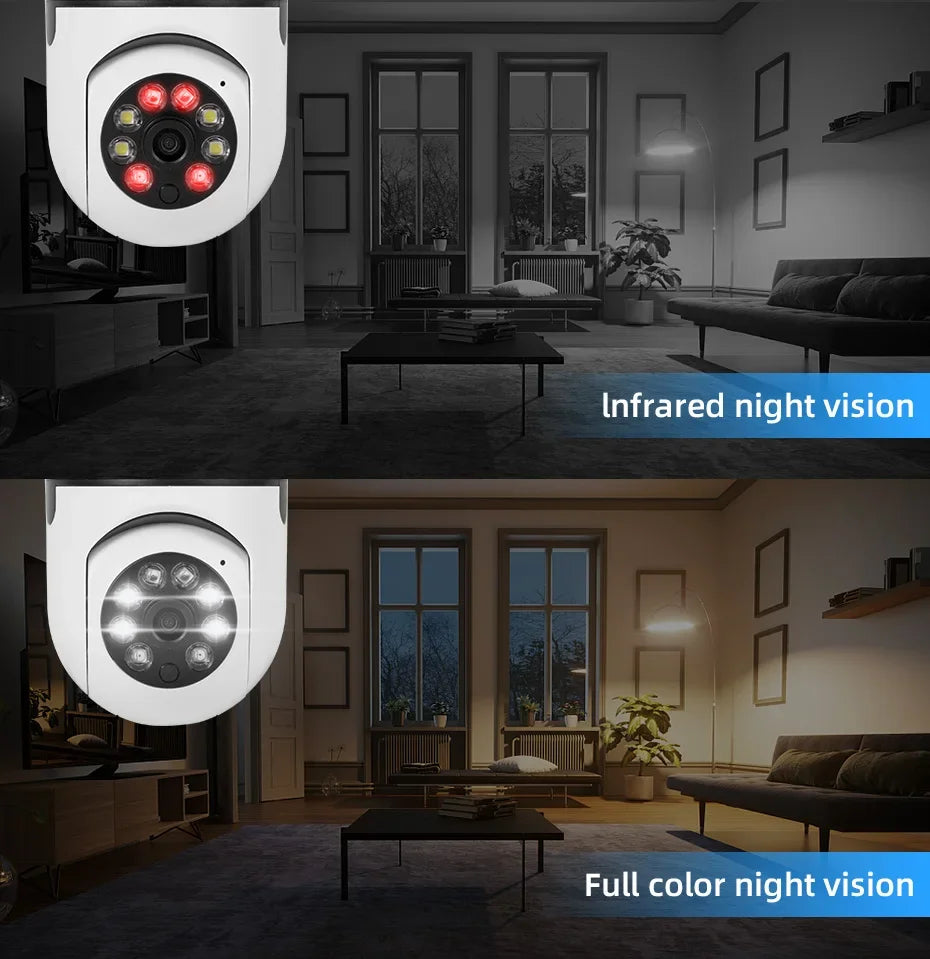 Telecamera IP WiFi con lampadina E27 da 3 MP, zoom digitale 4X, rilevamento del movimento umano tramite intelligenza artificiale, visione notturna a colori, telecamere di sorveglianza per interni