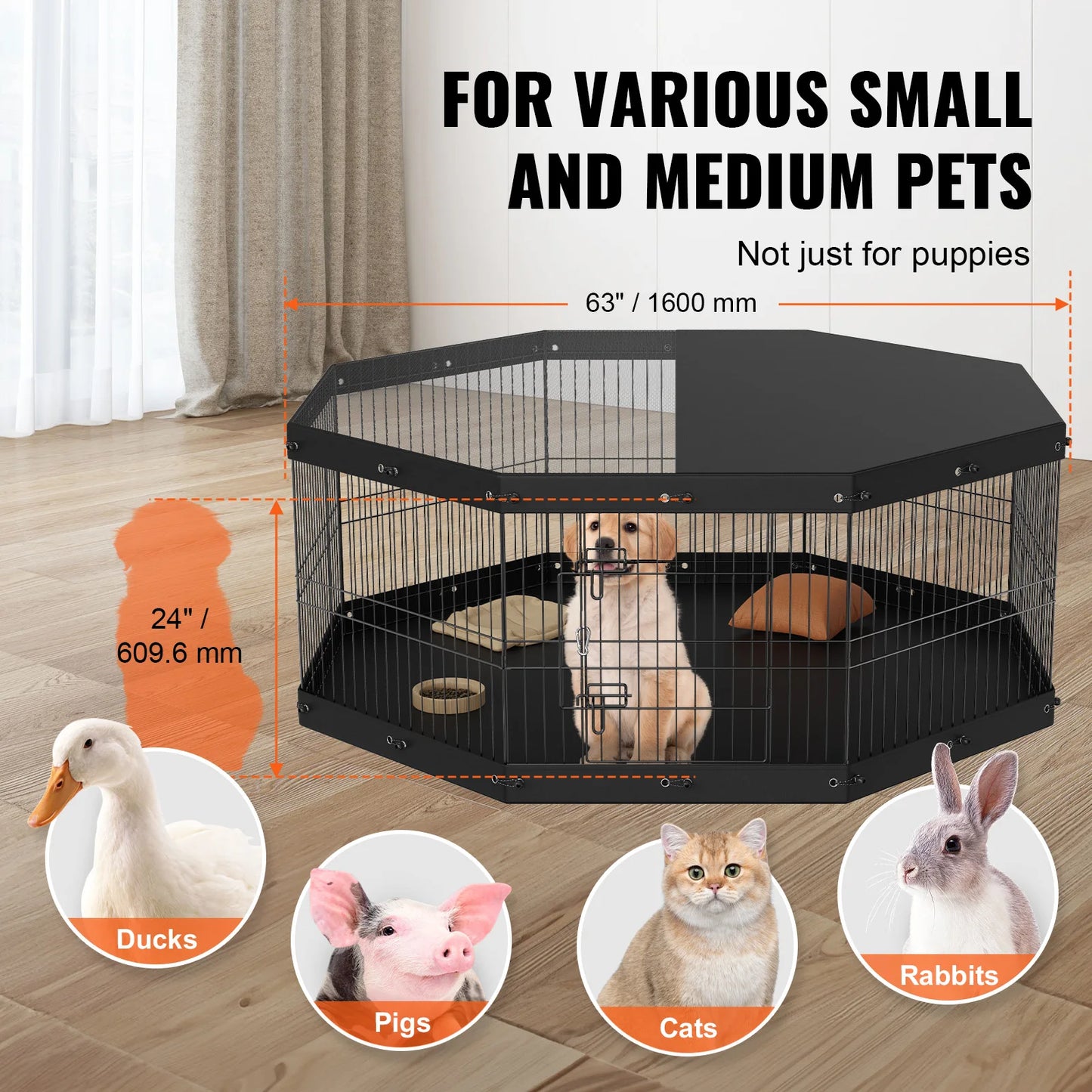 VEVOR Dog Playpen 8 Panels Foldable Metal with Top Cover and Bottom Pad 24" H Dog Pen for Small Medium Pets for Camping Yard