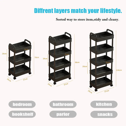 3/4/5 Tier Rolling Utility Cart with Hooks Book Storage Rack with Brakes Easy Assembly for Kitchen, Office, Bathroom
