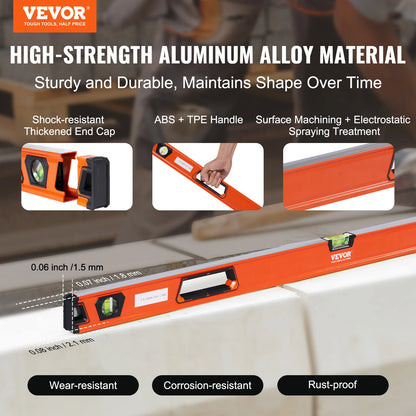 VEVOR Magnetic Torpedo Level 48/24/16/10 in Mechanical Level Set Bubble Vials Ruler for 45/90/180 Degree Aluminum Alloy Leveler