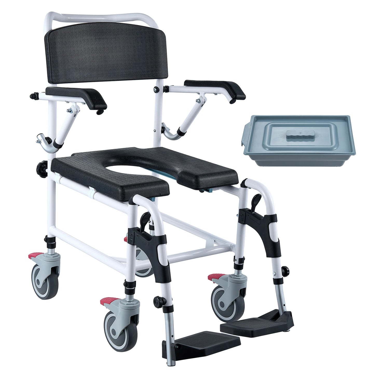 VEVOR Shower Commode Wheelchair with 4 Lockable Wheels Footrests Flip-up Arms 3-Level Adjustable Height 5L Removable Bucket
