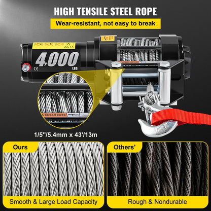 VEVOR 4000LBS 12V Electric Winch for 4X4 43FT Steel Cable With Wireless Control ATV Truck Off Road