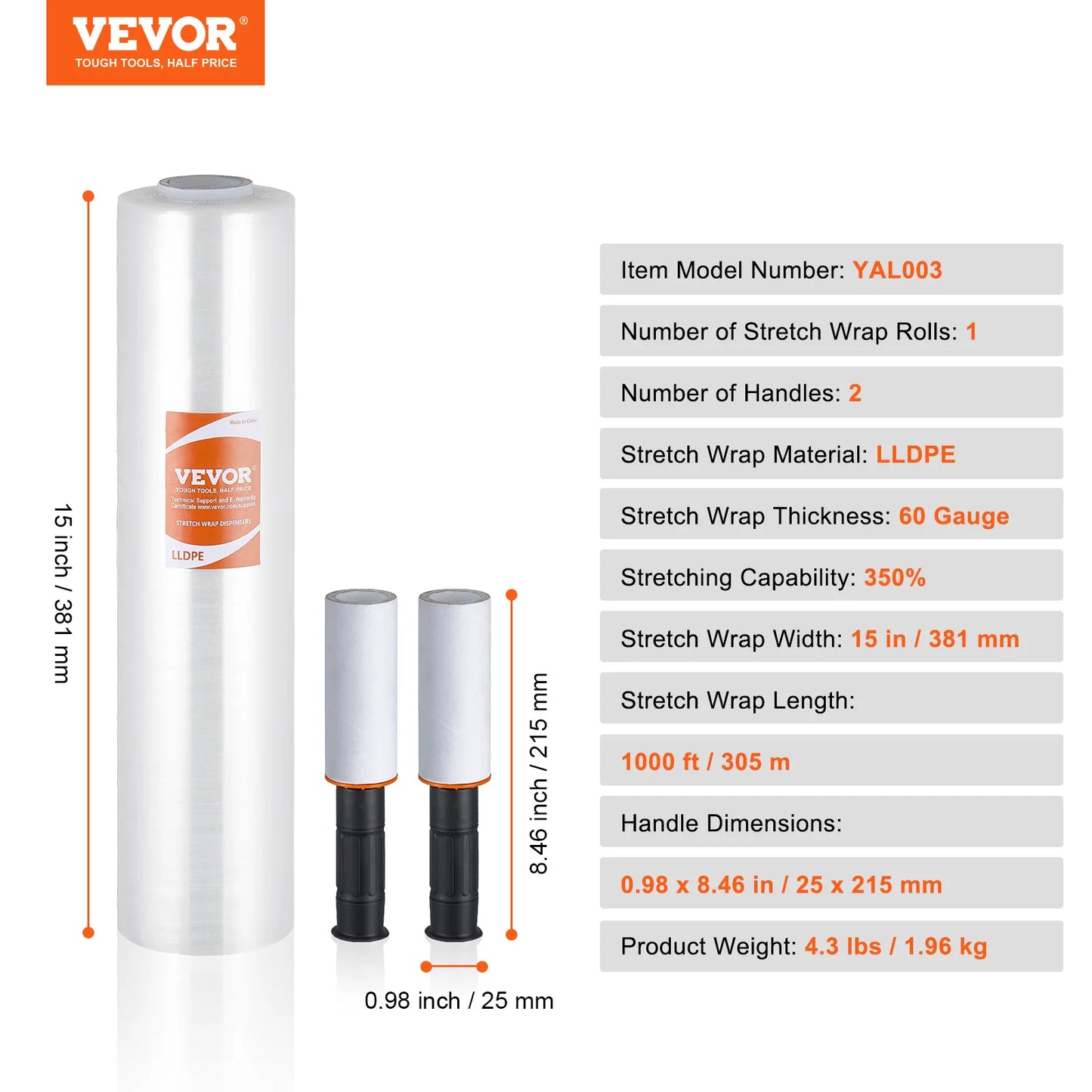 VEVOR 1/2/3/4 Packs Stretch Film 15 in Clear Shrink Film Roll Stretch Wrap with Handles for Pallet Wrapping Shipping Moving