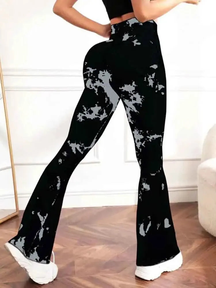 Sports Fitness Women High Waist Trumpet pants Tie-dye Casual Trousers