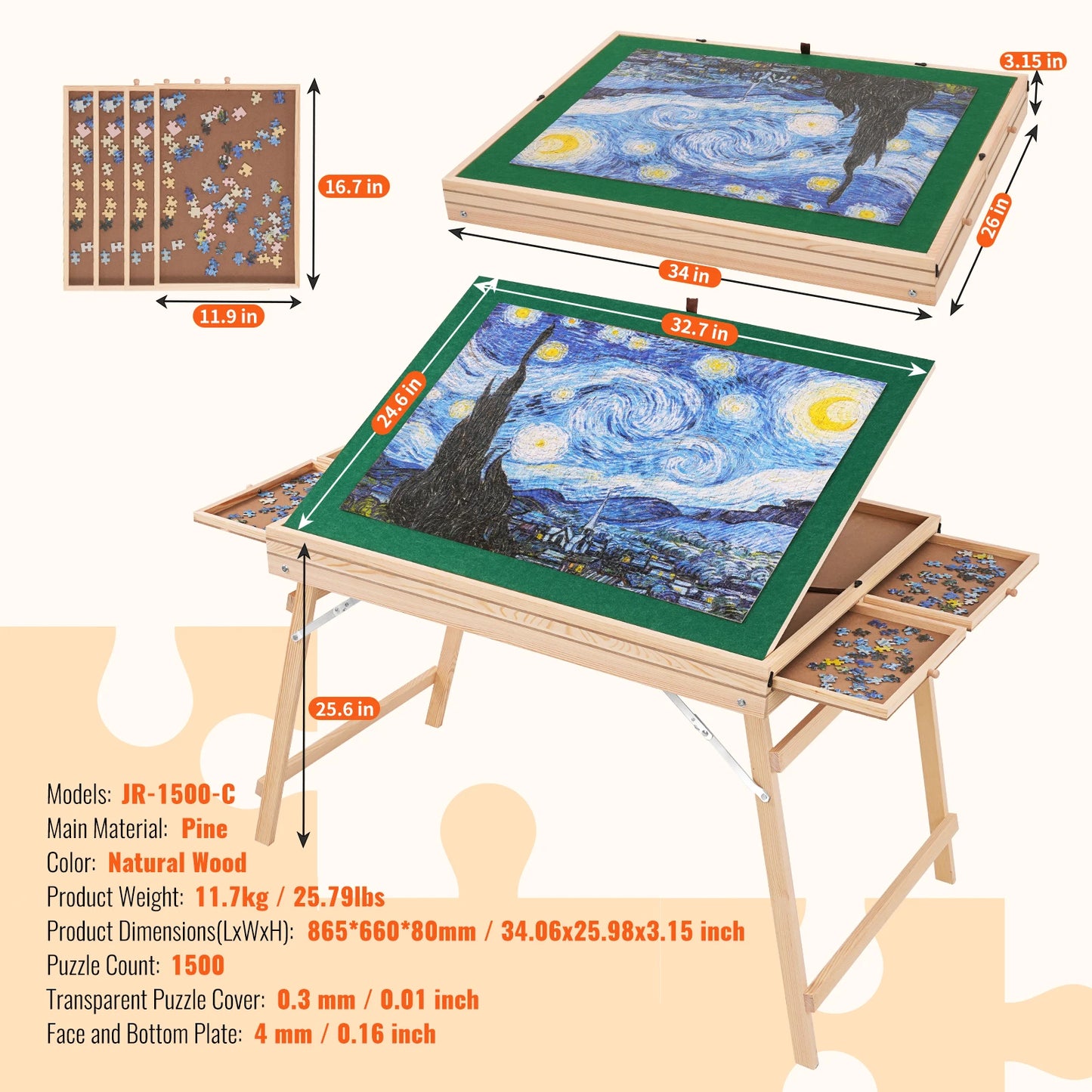 VEVOR 1500 Piece Puzzle Table with Folding Legs 4 Drawers and Cover Wooden Jigsaw Puzzle Plateau For Adults Gift for Mom