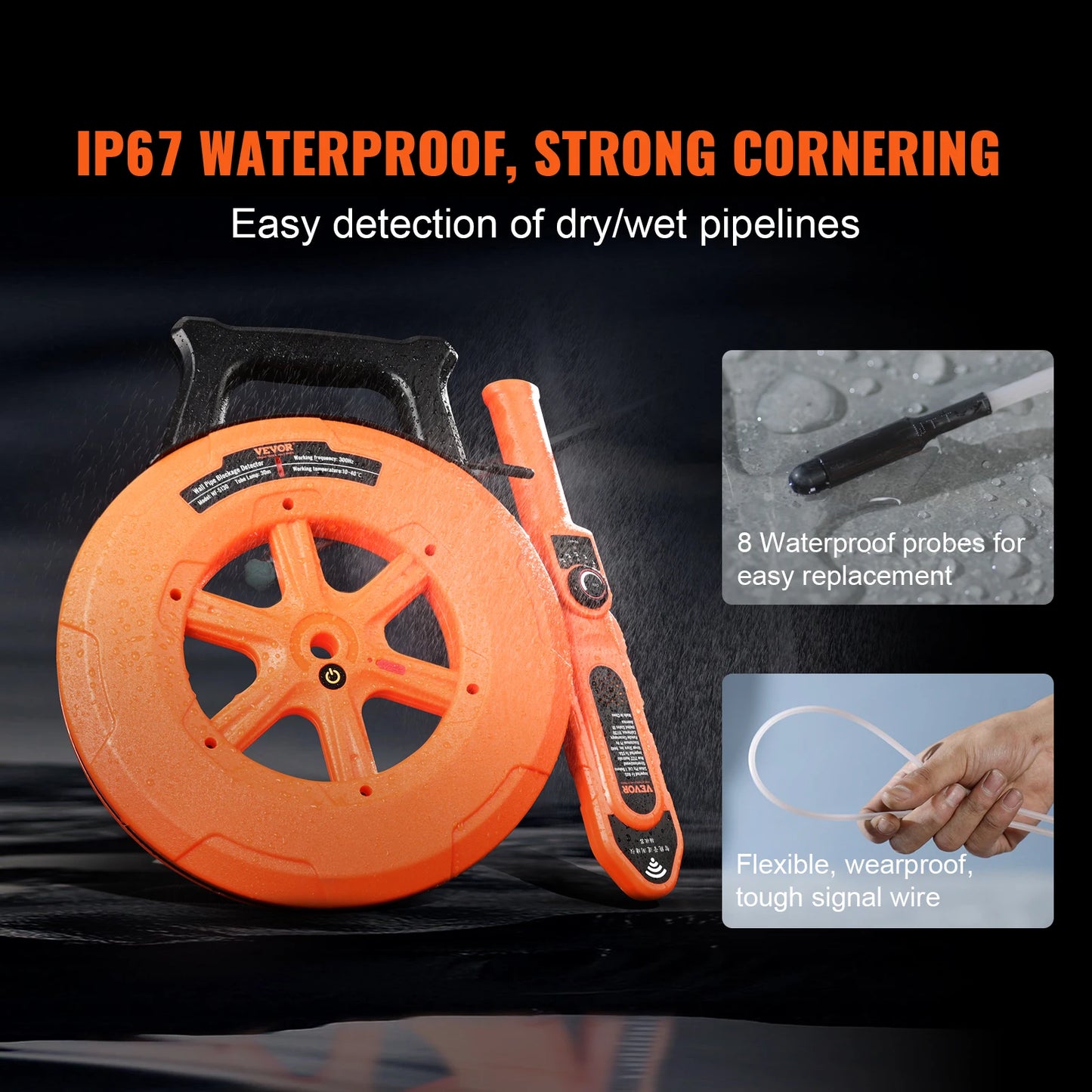 VEVOR Pipe Locators 30m Underground P67 Waterproof Pipe Blockage Detector Sewer Wall Scanner Plumbing Tool for PVC Plastic Metal