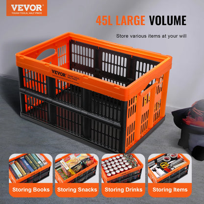 VEVOR 45L 3 Packs Plastic Collapsible Storage Basket Folding Bins with Handles Stackable Containers for Clothes Grocery Toys