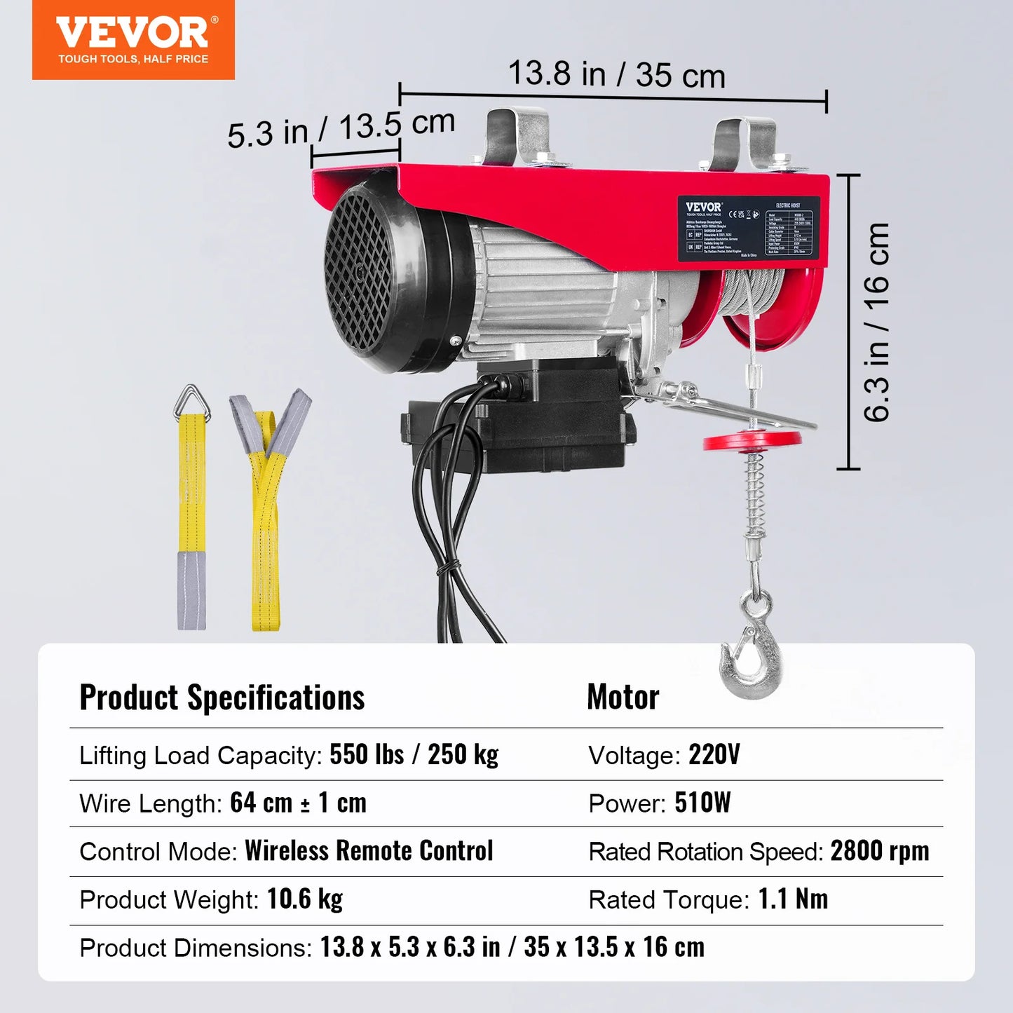 VEVOR 400-1000kg Electric Hoist Lifting Crane Cable Hoist Winch for Boat Car Garage Elevator with Wired Remote Control Lifter