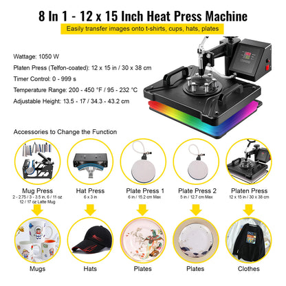 VEVOR 5 6 8 in 1 Heat Press Machine T shirt Heat Transfer Printer Muntifunctional Sublimation For Mug/Latte Mug/Hat/Plate/Bottle