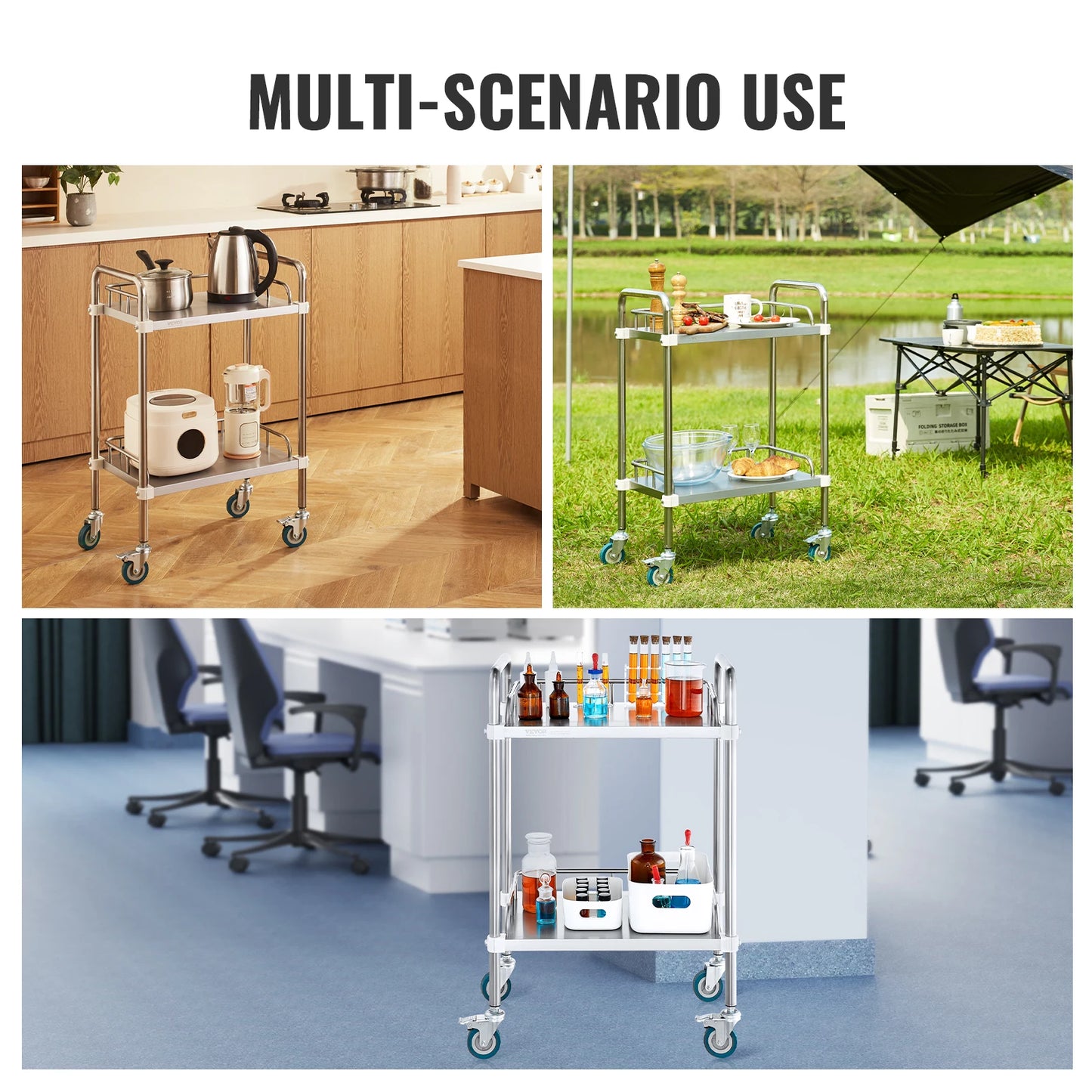 VEVOR Lab Rolling Cart 2-Shelf Stainless Steel Rolling Cart Lab Serving Cart Dental Utility Cart for Clinic Lab Hospital Salon