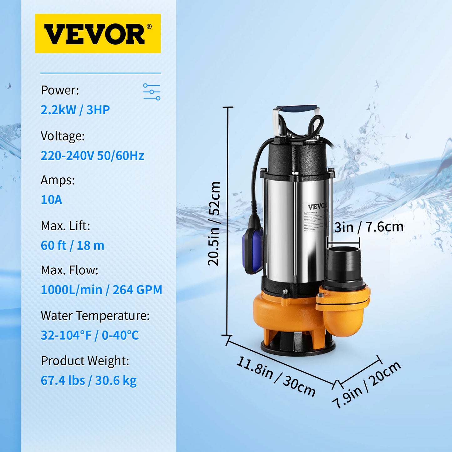 VEVOR Sewage Pump Submersible Sump Pump Clean Water Pump 550W - 2200W for Pumping Water from Swimming Pools, Basements, Hot Tubs