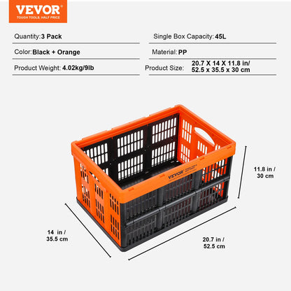 VEVOR 45L 3 Packs Plastic Collapsible Storage Basket Folding Bins with Handles Stackable Containers for Clothes Grocery Toys