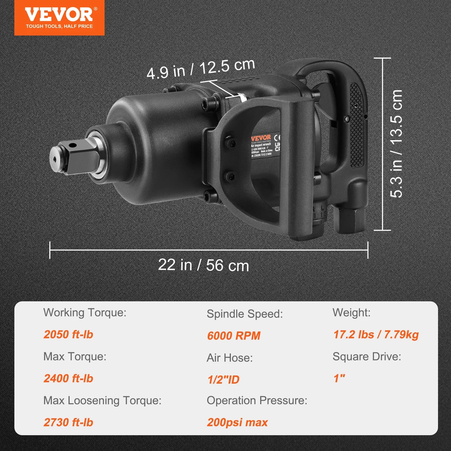 VEVOR Air Impact Wrench Up to 2730 ft-lbs Reverse Torque Output 1" Pneumatic Impact Gun for Heavy Duty Repairs and Maintenance