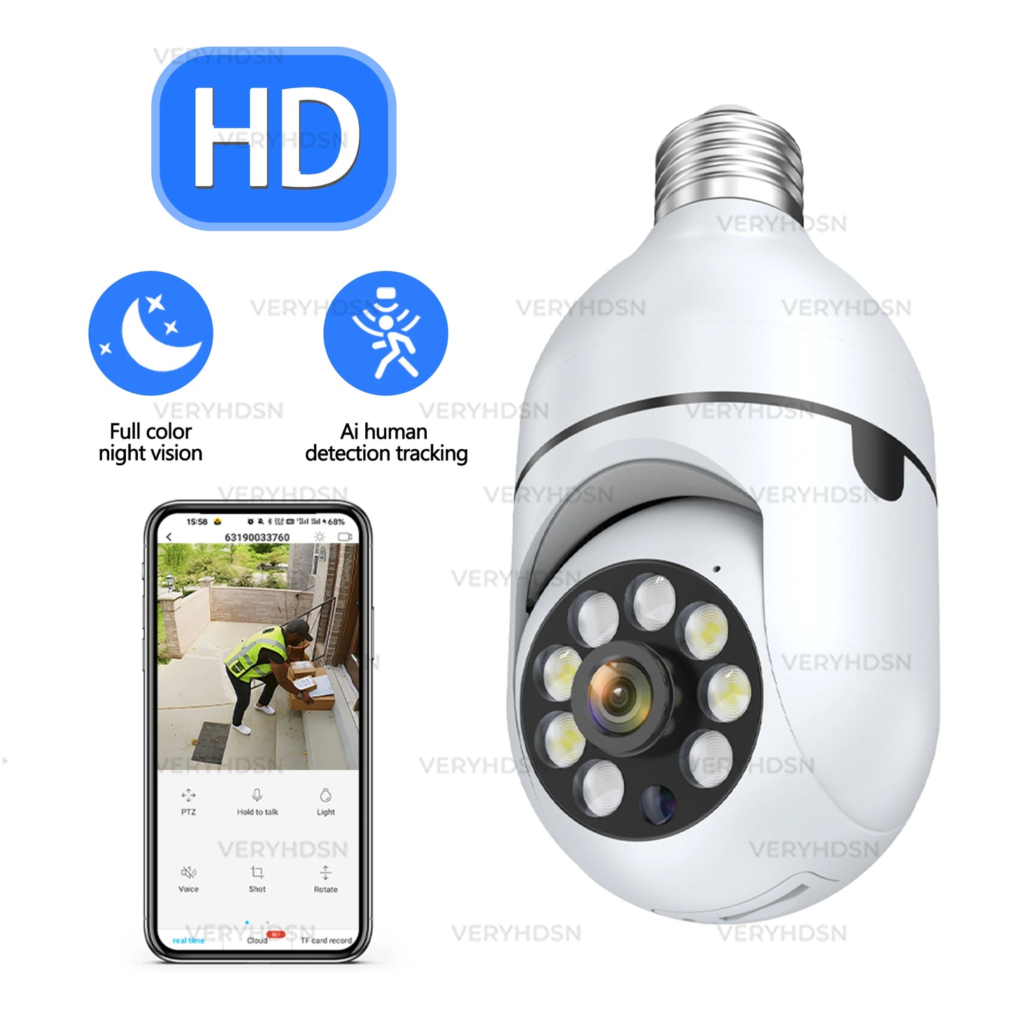 Telecamera IP WiFi con lampadina E27 da 3 MP, zoom digitale 4X, rilevamento del movimento umano tramite intelligenza artificiale, visione notturna a colori, telecamere di sorveglianza per interni