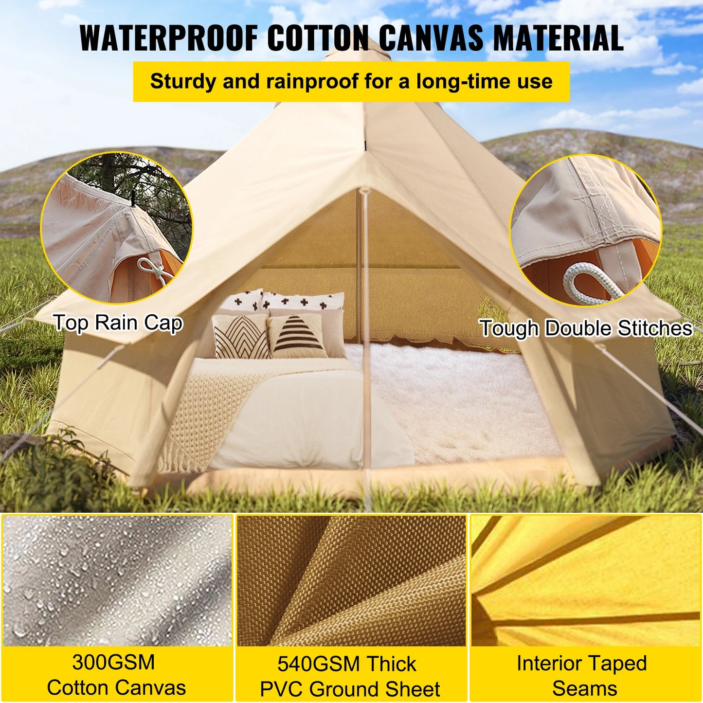 VEVOR Camping Tent 3-7m Waterproof Cotton Canvas Bell Tent Outdoor 4 Seasons Family Party Picnic Yurt W/ Stove Hole4-12 Person