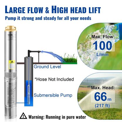 VEVOR Deep Well Submersible Pump 750W 20 m Electric Cord 7.6 cm Stainless Steel Water Pumps for Industrial Irrigation & Home Use
