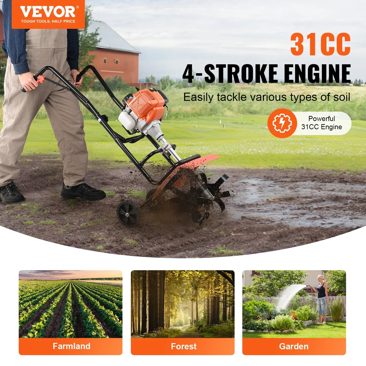 VEVOR Tiller Cultivator Gas Powered 38CC Garden 4 Steel Adjustable Front Tines For Lawn Garden and Field Soil Cultivation