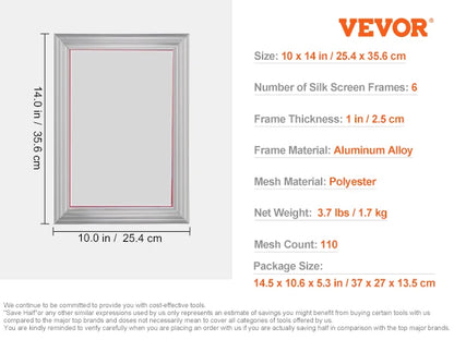 VEVOR 6 PCs Screen Printing Kit 10x14 inch Aluminum Silk Screen Printing Frames Silk Screen Printing Frame Tension Nylon Mesh