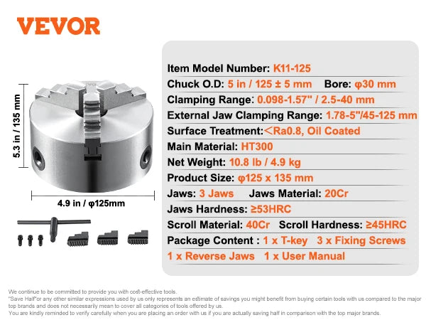 VEVOR 3-Jaw Lathe Chuck 100/125/160/200/250 mm Self-Centering Lathe Chuck Multiple Clamping Range for Lathe 3D Printer Machining
