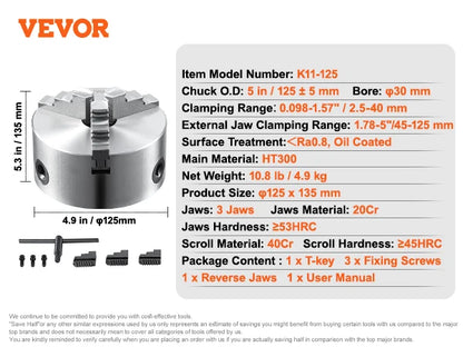 VEVOR 3-Jaw Lathe Chuck 100/125/160/200/250 mm Self-Centering Lathe Chuck Multiple Clamping Range for Lathe 3D Printer Machining