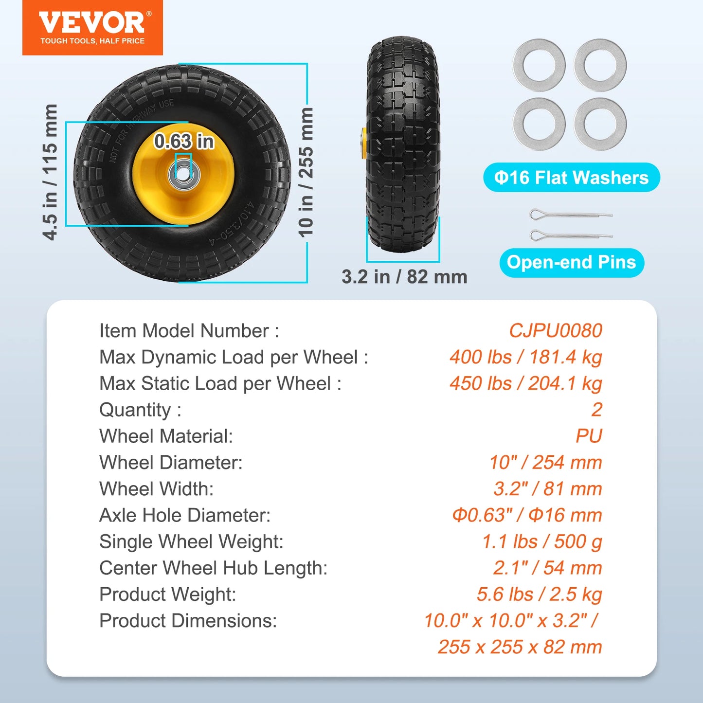 VEVOR 2-Pack Solid PU Run-Flat Tire Wheel 10" Flat Free Tubeless Tires and Wheels for Dollies Garden Trailers Various Carts