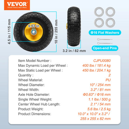 VEVOR 2-Pack Solid PU Run-Flat Tire Wheel 10" Flat Free Tubeless Tires and Wheels for Dollies Garden Trailers Various Carts