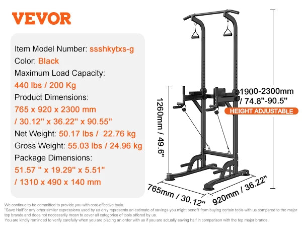 VEVOR 440LBS Power Tower Dip Station 10-Level Height Adjustable Pull Up Bar Stand Multi-Function Home Gym Strength Training