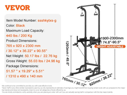 VEVOR 440LBS Power Tower Dip Station 10-Level Height Adjustable Pull Up Bar Stand Multi-Function Home Gym Strength Training