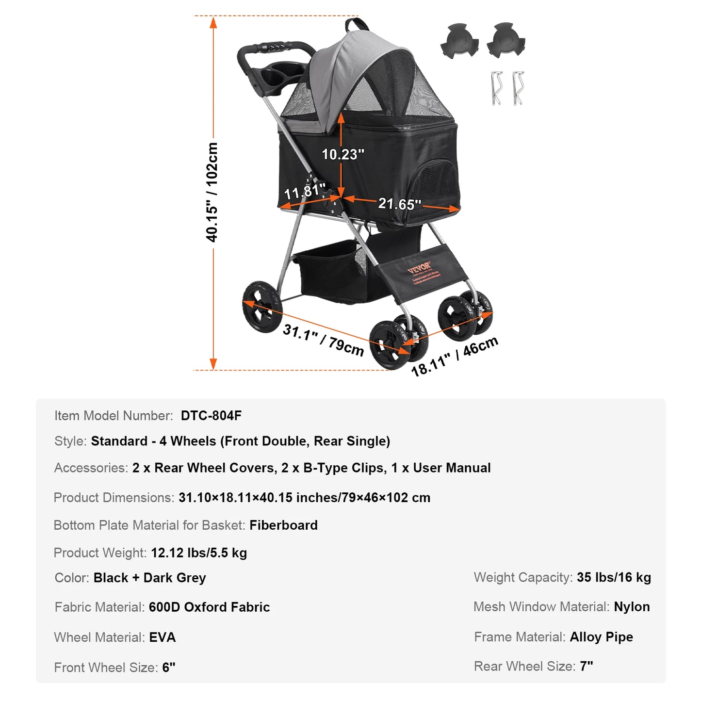 VEVOR Pet Stroller Carrier Dog Cat Strollers Lightweight Travel Rotate with Brakes Pet Pad Cup Holder for Puppy Dog Accessories