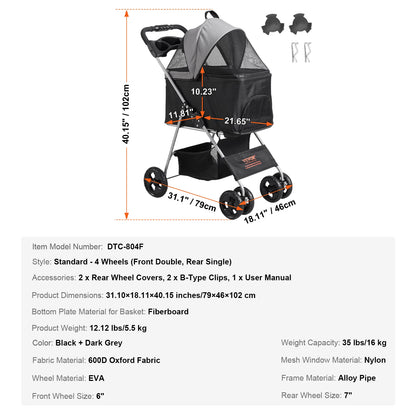 VEVOR Pet Stroller Carrier Dog Cat Strollers Lightweight Travel Rotate with Brakes Pet Pad Cup Holder for Puppy Dog Accessories