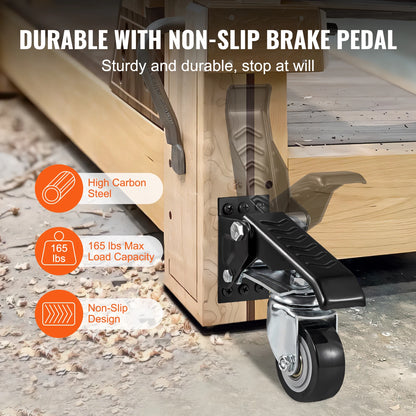 VEVOR 165 lbs 2.5" Set of 4 Workbench Caster Wheels Side Mounted Retractable Stepdown Wheel 360° Swivel for Tables and Equipment