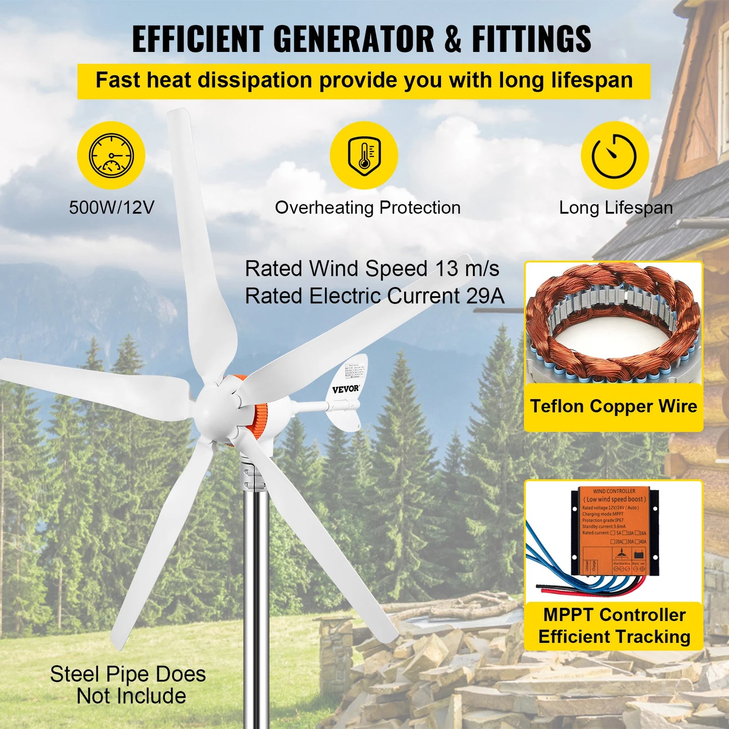 VEVOR Wind Turbine Generator12V/AC Wind Turbine Kit 500W Wind Power Generator With MPPT Controller 5 Blades for Terrace Homeuse