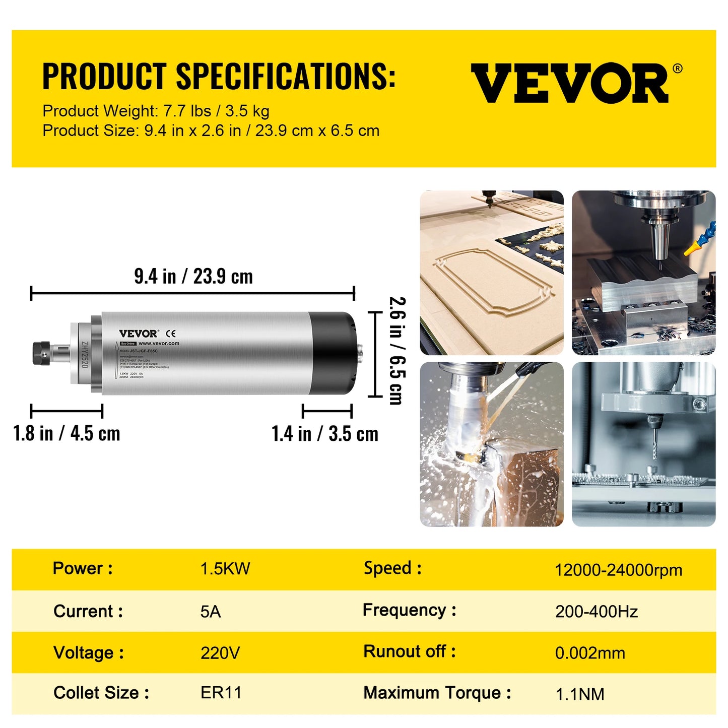 VEVOR Air Cooled Spindle Motor 0.8KW/1.5KW/2.2KW/3KW/ 4KW ER11/ER20/ER25 Collect for CNC Router Engraving Milling Machine Use