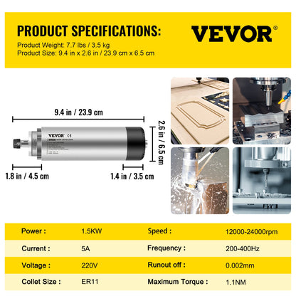 VEVOR Air Cooled Spindle Motor 0.8KW/1.5KW/2.2KW/3KW/ 4KW ER11/ER20/ER25 Collect for CNC Router Engraving Milling Machine Use