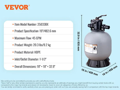 VEVOR 16/19/22/24 Inch Sand Filter with 7-Way Multi-Port Valve&High GPM Flow Rate Above Inground Swimming Pool Sand System，Gray